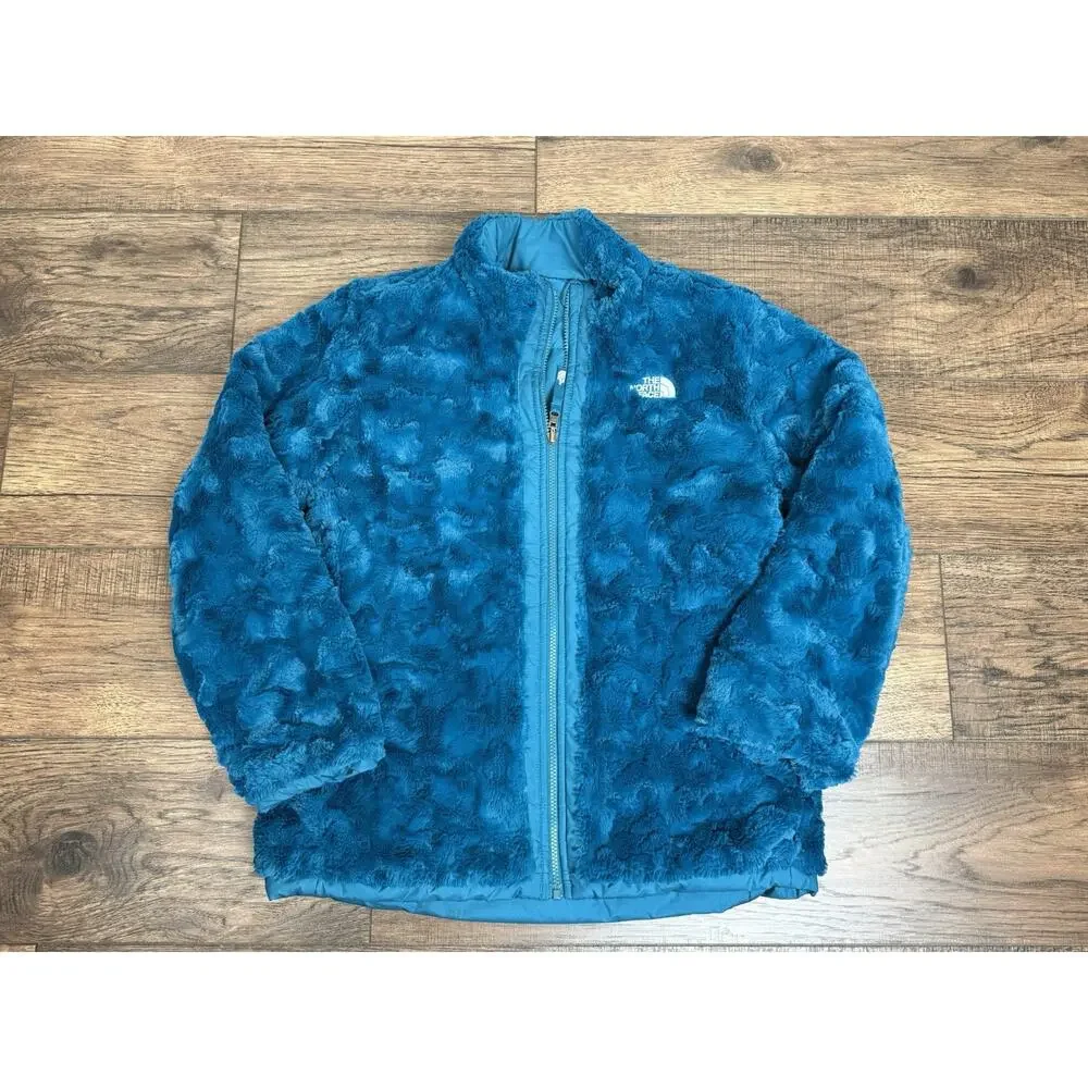 Girls The North Face Mossbud Faux Fur Coat Youth XL Reversible Teal Blue Sz 18